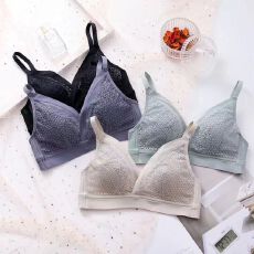 批发兔耳透气超薄款乳胶垫内衣女蕾丝三角水晶杯大胸显小文胸性感舒适