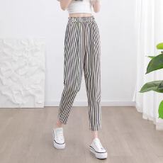 批发新款女士百搭休闲条纹哈伦裤时尚洋气减龄显瘦萝卜裤薄款九分裤女
