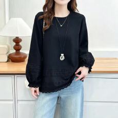 批发大码胖mm洋气显瘦拼接刺绣花苞袖打底衫女早秋新款宽松遮肚上衣女