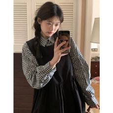 批发大码女装2026早春胖mm复古格子衬衫+宽松中长背心<b class='q'>连衣裙</b>显瘦套装