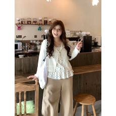 批发2026新款微胖春季大码韩系减龄设计感蕾丝边拼接假两件显瘦针织衫