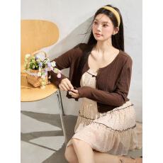 批发2026春季新款<b class='q'>大码</b>女装胖妹妹显瘦复古甜感波点吊带裙棕色开衫套装