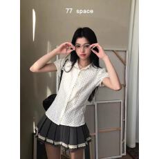 批发2026新款法式短袖衬衫女夏季甜美百搭波点修身显瘦翻领泡泡袖上衣