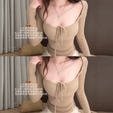 批发纯欲风性感大领口系带长袖<b class='q'>针织衫</b>女春季新款修身内搭打底<b class='q'>短款</b>上衣