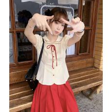 批发2026夏季新款学院风jk独特漂亮夏装两件套短袖衬衫+红色<b class='q'>半身裙</b>