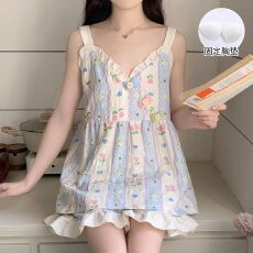 带胸垫睡衣女夏季2026新款云朵棉吊带家居服两件套装甜美可爱网红