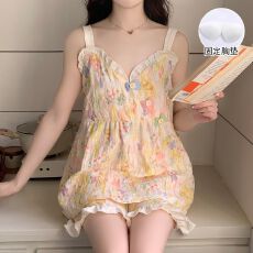 带胸垫睡衣女夏季2026新款云朵棉吊带家居服两件套装甜美可爱网红