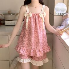 带胸垫睡衣女夏季2026新款云朵棉吊带家居服两件套装甜美可爱网红