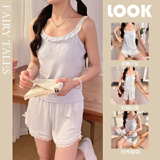 批发夏季新款罗纹冰丝布花边吊带休闲公主风带胸垫