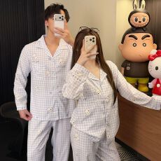 批发可爱小狗情侣<b class='q'>睡衣</b>男女士春秋季长袖长裤套装蓝色格子可外穿家居服