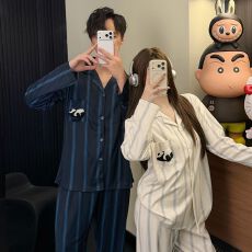 批发情侣<b class='q'>睡衣</b>女生春秋季长袖长裤两件套装可爱熊猫条纹<b class='q'>男士</b>大码家居服