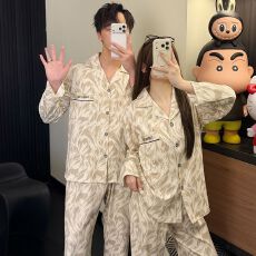 批发高级感杏色流纹情侣款<b class='q'>睡衣</b>女生<b class='q'>男士</b>大码春秋季长袖长裤家居服套装