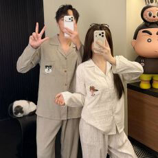 批发日系ins刺绣卡通可爱小狗情侣<b class='q'>睡衣</b>女士套装春秋季长袖<b class='q'>男士</b>家居服