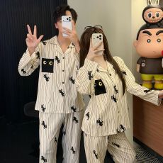 批发韩版条纹<b class='q'>男士</b>情侣<b class='q'>睡衣</b>女款长袖两件套装春秋季卡通大码家居服套装