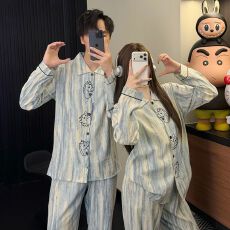 批发韩版条纹<b class='q'>男士</b>情侣<b class='q'>睡衣</b>女款长袖两件套装春秋季卡通大码家居服套装