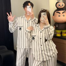批发慵懒风情侣<b class='q'>睡衣</b>女生<b class='q'>男士</b>条纹口袋小猫春秋季长袖松弛感宽松家居服