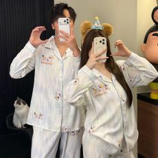 批发简约条纹可爱小狗情侣款<b class='q'>睡衣</b>女士宽松长袖套装春秋季<b class='q'>男士</b>家居服