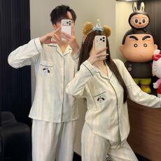批发韩版春秋季长袖情侣<b class='q'>睡衣</b>男女士高级感条纹宽松套装刺绣小狗家居服
