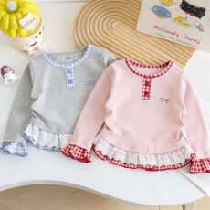 批发女童上衣洋气格子花边长袖T恤百搭<b class='q'>春</b>季超好看外穿打底衫女童<b class='q'>春</b>新