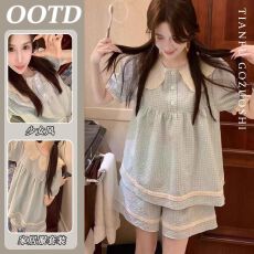 批发【优质仿棉】蓝色格子减龄睡衣新款花边<b class='q'>短袖</b>上衣高腰<b class='q'>裤</b>子两件套