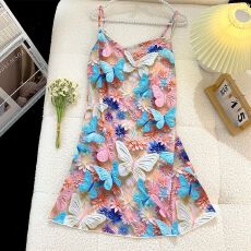 夏季新款女士睡衣裙冰丝性感带胸垫吊带荡领家居连衣裙