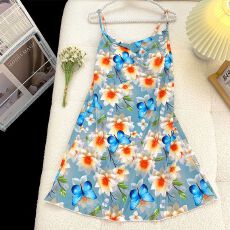 夏季新款女士睡衣裙冰丝性感带胸垫吊带荡领家居连衣裙