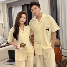 批发夏季情侣纯棉短袖长裤两件套<b class='q'>睡衣</b>熊猫绣花家居服可外穿翻领开衫