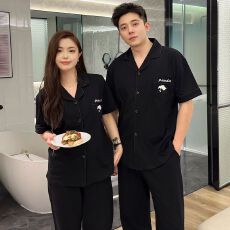 批发夏季情侣纯棉短袖长裤两件套<b class='q'>睡衣</b>熊猫绣花家居服可外穿翻领开衫