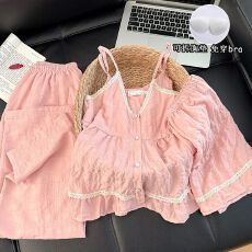 批发带胸垫<b class='q'>睡衣</b>女夏季2026新款云朵棉短袖短裤长裤可爱家居服<b class='q'>三件套</b>装