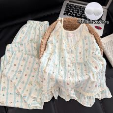 批发带胸垫<b class='q'>睡衣</b>女夏季2026新款云朵棉短袖短裤长裤可爱家居服<b class='q'>三件套</b>装