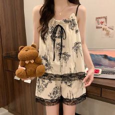 批发云朵棉 可拆卸胸垫水墨竹子 吊带木耳蕾丝花边短裤夏季睡衣家居服