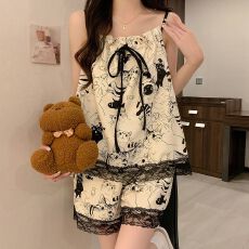 批发云朵棉 可拆卸胸垫水墨竹子 吊带木耳蕾丝花边短裤夏季睡衣家居服