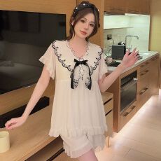 网纱V领花边重工刺绣可拆卸胸垫睡衣夏季短袖短裤网纱法式家居服