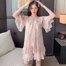 网纱双短可拆卸胸垫夏季V领短袖短裤莫奈花园碎花家居服 女士睡衣