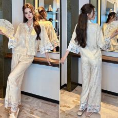 批发高级感国风花卉提花睡衣女夏季薄款冰丝半袖长<b class='q'>裤</b>新中式家居服套<b class='q'>装</b>