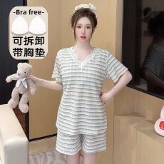 批发色织提花睡衣女带胸垫<b class='q'>加肥</b><b class='q'>加大</b>春秋甜美花边短袖套装家居服可外穿