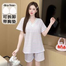 批发色织提花睡衣女带胸垫<b class='q'>加肥</b><b class='q'>加大</b>春秋甜美花边短袖套装家居服可外穿