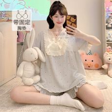 批发色织提花睡衣女带胸垫<b class='q'>加肥</b><b class='q'>加大</b>春秋甜美花边短袖套装家居服可外穿