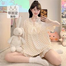 批发色织提花睡衣女带胸垫<b class='q'>加肥</b><b class='q'>加大</b>春秋甜美花边短袖套装家居服可外穿