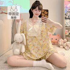 批发色织提花睡衣女带胸垫<b class='q'>加肥</b><b class='q'>加大</b>春秋甜美花边短袖套装家居服可外穿