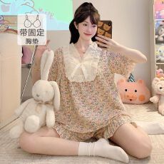 批发色织提花睡衣女带胸垫<b class='q'>加肥</b><b class='q'>加大</b>春秋甜美花边短袖套装家居服可外穿