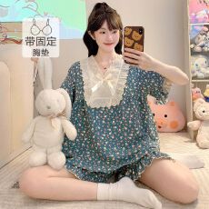 批发色织提花睡衣女带胸垫<b class='q'>加肥</b><b class='q'>加大</b>春秋甜美花边短袖套装家居服可外穿