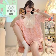 批发色织提花睡衣女带胸垫<b class='q'>加肥</b><b class='q'>加大</b>春秋甜美花边短袖套装家居服可外穿