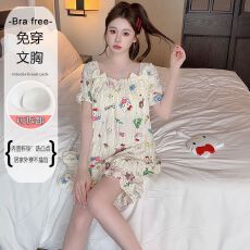 批发色织提花睡衣女带胸垫<b class='q'>加肥</b><b class='q'>加大</b>春秋甜美花边短袖套装家居服可外穿