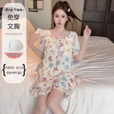 批发色织提花睡衣女带胸垫<b class='q'>加肥</b><b class='q'>加大</b>春秋甜美花边短袖套装家居服可外穿