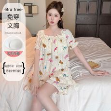 批发色织提花睡衣女带胸垫<b class='q'>加肥</b><b class='q'>加大</b>春秋甜美花边短袖套装家居服可外穿