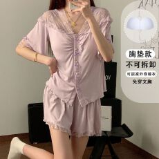 批发带胸垫<b class='q'>睡衣</b>女夏季新款莫代尔<b class='q'>纯棉</b>杏色蕾丝花边短袖短裤家居服套装