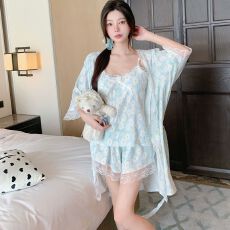 批发2026年夏季女睡衣云朵棉甜美碎花吊带<b class='q'>短裤</b>三件套睡袍套装带胸垫
