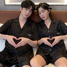 批发5050丝睡衣男士夏季冰丝短袖短裤夏天加肥加<b class='q'>大码</b>家居服套装男黑格