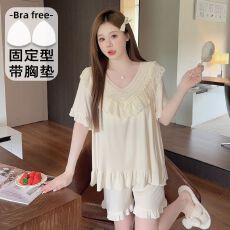 批发带固定胸垫<b class='q'>睡衣</b>女夏<b class='q'>莫代尔</b>短袖套宽松大码220斤可穿家居服